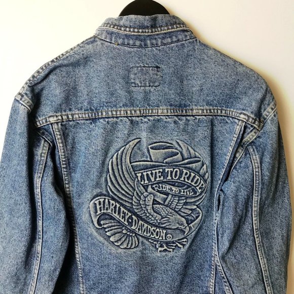 90s Vintage Harley Davidson Motorcycles Womens Medium Blue Denim Jacket Eagle M - Picture 6 of 16